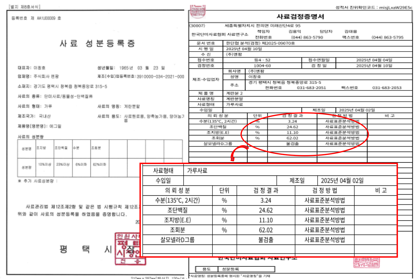 에그밀 성분등록 및 시험성적서